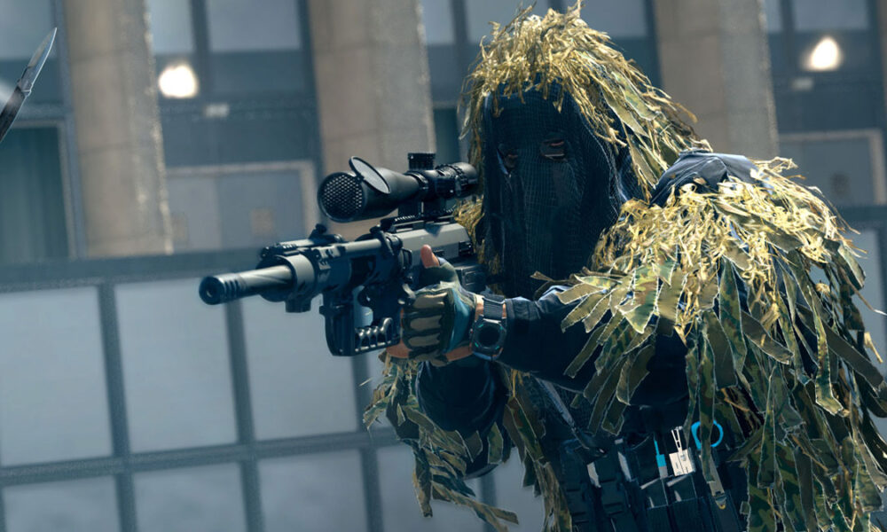 Warzone 2 character with Intervention sniper rifle and ghillie suit