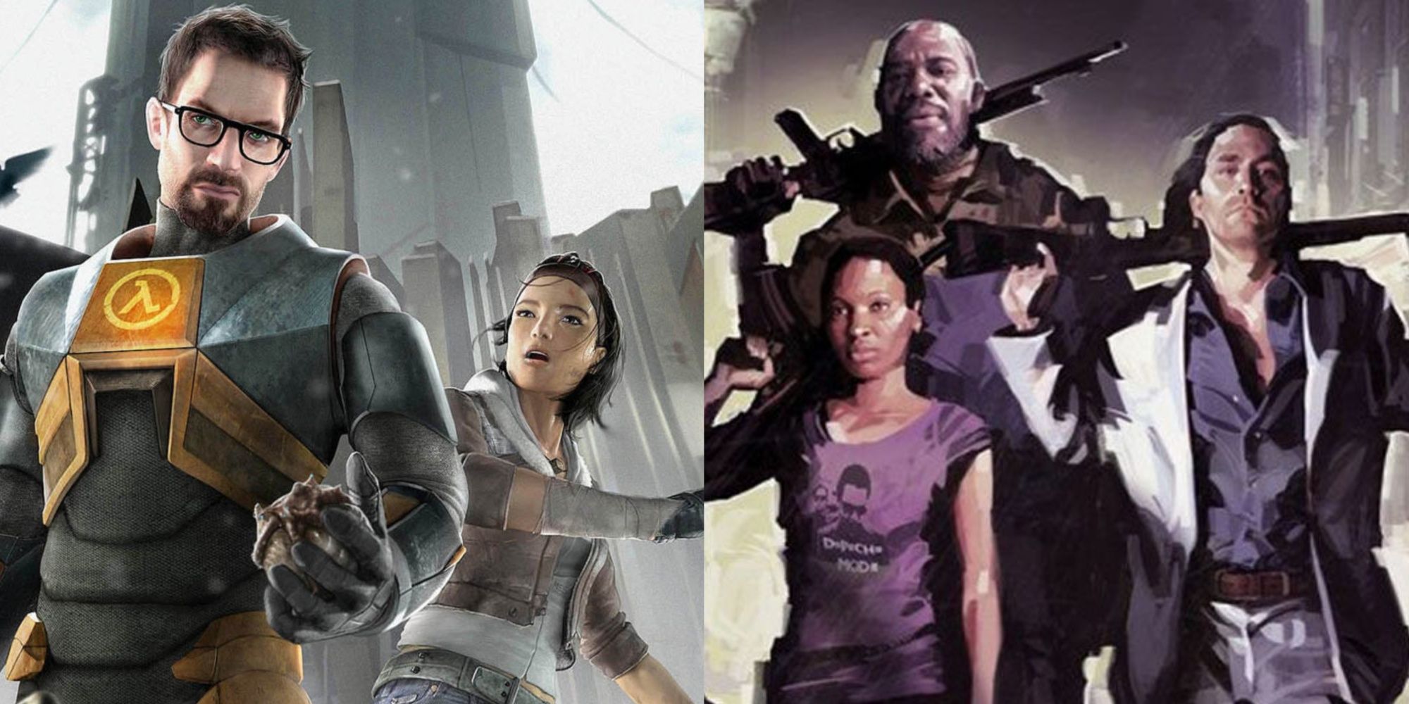 Key art from Half-Life 2 and Left 4 Dead 2.