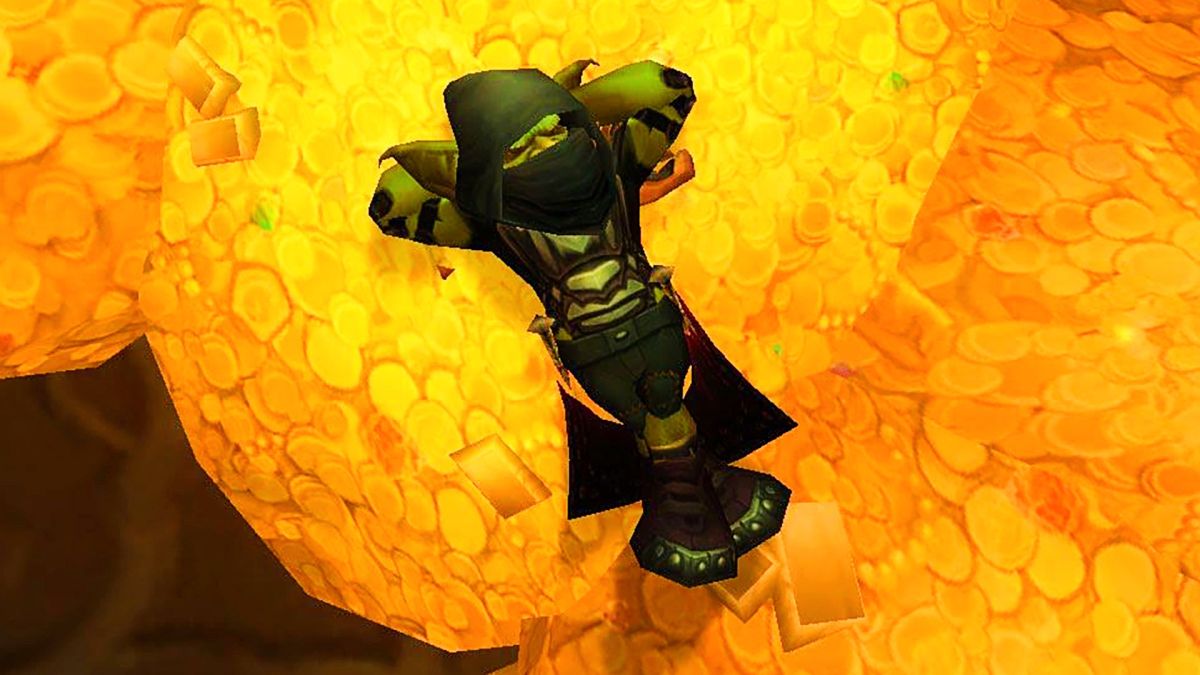 A goblin lies atop of some gold in World of Warcraft