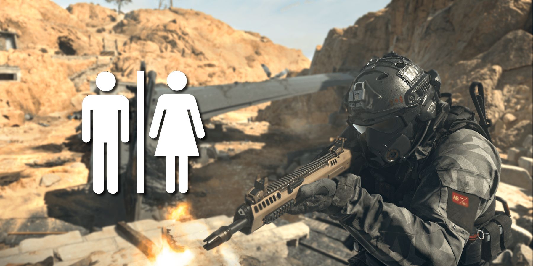 Call of Duty Warzone 2 soldier with bathroom sign icons