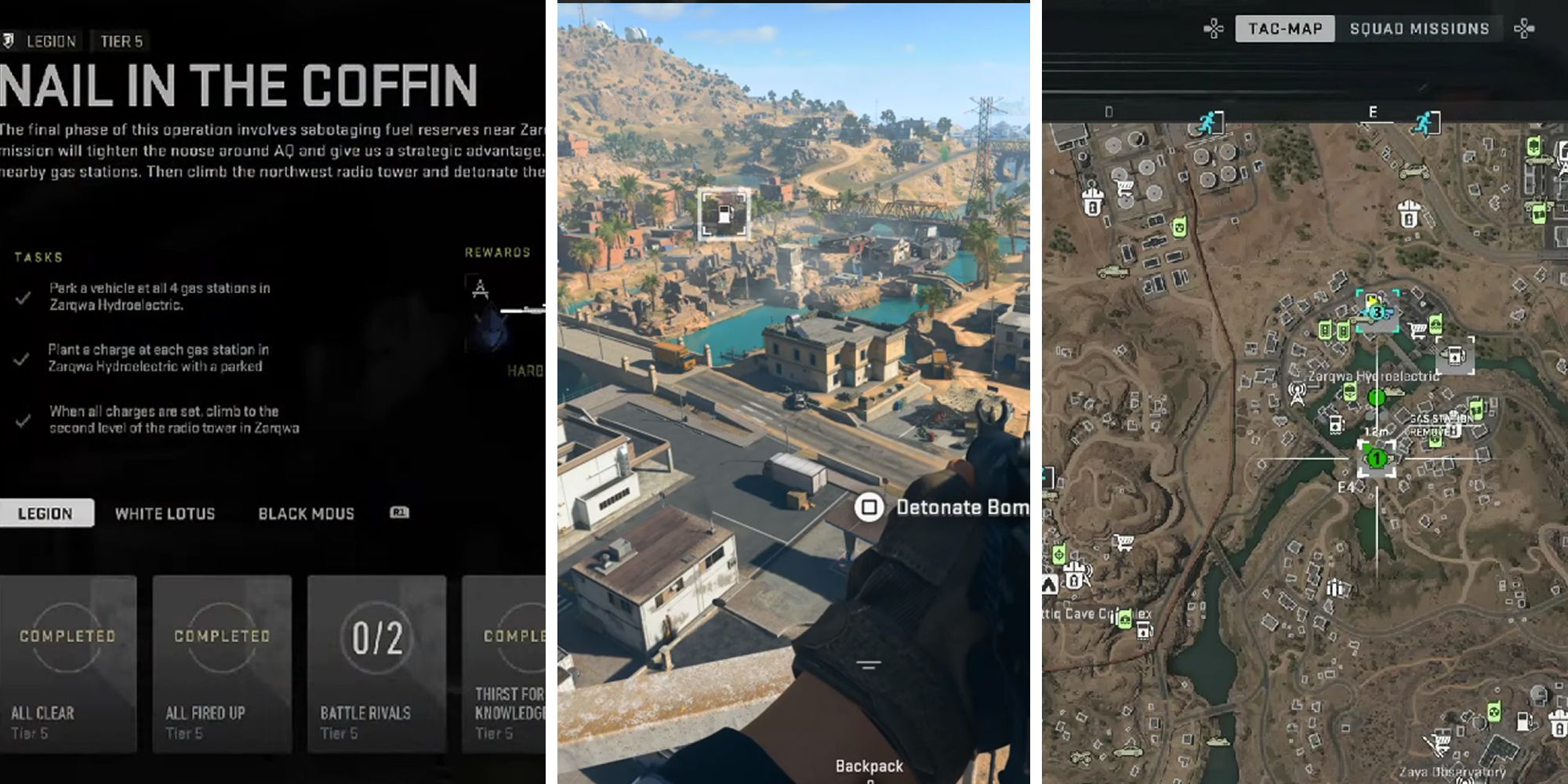 Warzone 2 DMZ split image mission briefing, view from radio tower and tactical map screen of area