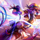 Soul Fighter Lux skin splash art -- With a flick of her hat, Lux blasts her offscreen opponent with her Soul power.