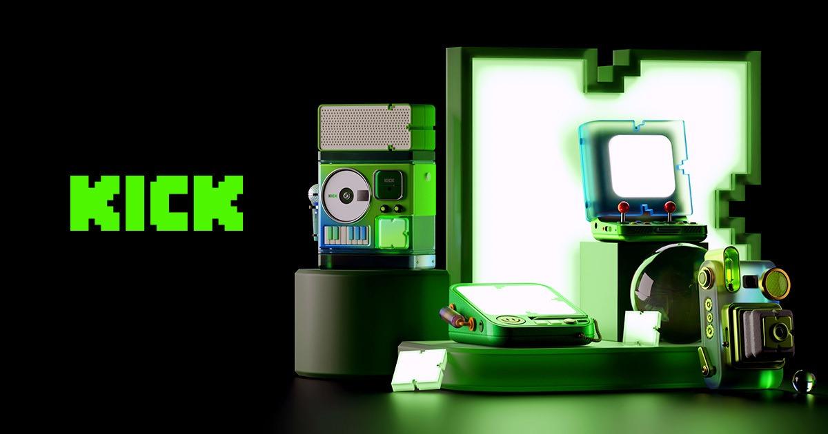 Logo Kick z czarnym tłem i elektroniką w stylu retro z zieloną poświatą.