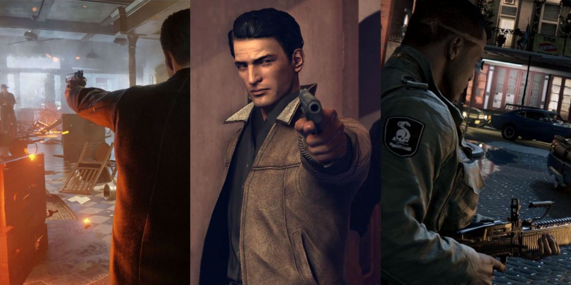 Kolaż Tommy'ego Angelo strzelającego do rywalizujących gangsterów w budynku w Mafia: Definitive Edition, Vito Scalleta celującego z pistoletu w kamerę w Mafia 2 oraz Lincolna Claya strzelającego z karabinu maszynowego do rywalizujących gangsterów w Mafia 3.