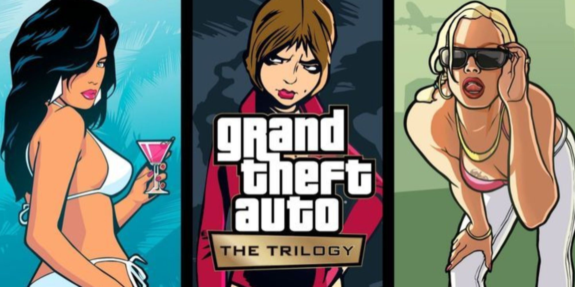 Okładki do GTA Vice City, GTA 3 i GTA: San Andreas, wszystkie przedstawiające tytułowe postacie kobiece podzielone w wydaniu pakietu trylogii.