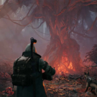 Screenshot of Gunfire Games' Remnant 2, featuring three co-op players and a dog.