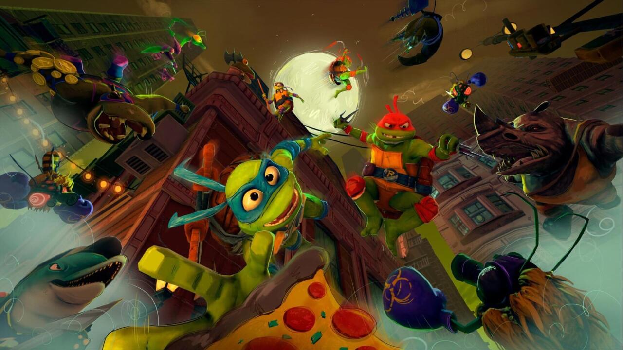 Kluczowa grafika dla nadchodzącej gry wideo Teenage Mutant Ninja Turtles.