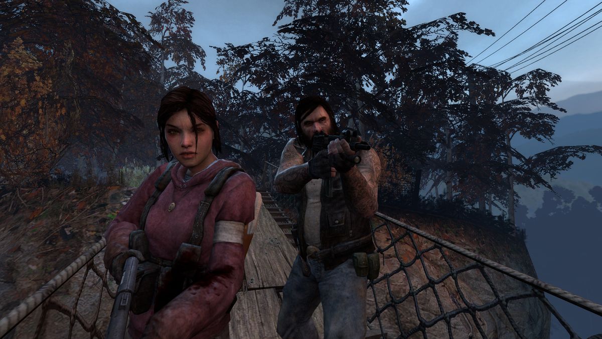 Two characters on a rope bridge with guns