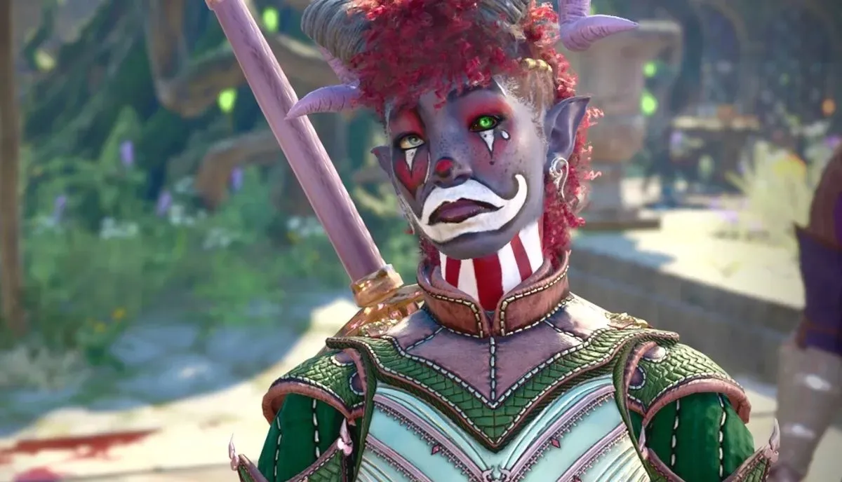 Ellesméra frowning while wearing clown make up in BG3.