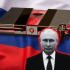 Rosyjski prezydent Putin nakazuje rozwój konsoli do gier. Putin pushes for Russian rival to PS5 and Xbox game consoles. The image features a composite of several elements: a video game console with a unique design, adorned with red accents and possibly themed around a national emblem, placed against the backdrop of a Russian flag. In the foreground is Vladimir Putin, framed with a red outline, giving the impression of significance or targeting. A customized game controller accompanies the console, matching the overall aesthetic. This image appears to suggest a nationalistic twist on entertainment technology, possibly presenting a country-specific alternative to mainstream gaming consoles.