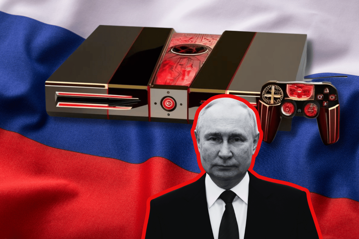 Putin pushes for Russian rival to PS5 and Xbox game consoles. The image features a composite of several elements: a video game console with a unique design, adorned with red accents and possibly themed around a national emblem, placed against the backdrop of a Russian flag. In the foreground is Vladimir Putin, framed with a red outline, giving the impression of significance or targeting. A customized game controller accompanies the console, matching the overall aesthetic. This image appears to suggest a nationalistic twist on entertainment technology, possibly presenting a country-specific alternative to mainstream gaming consoles.