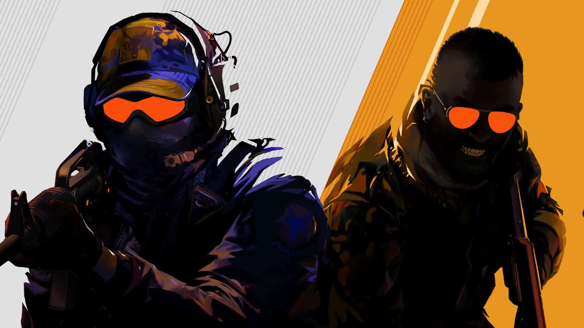 Two figures in military gear with glowing orange visors, one holding a weapon in the foreground, and the other in a relaxed pose, against a diagonally split background of white and orange.