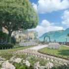 An open garden and pathway by a river and mountain in the map Memento in CS2.
