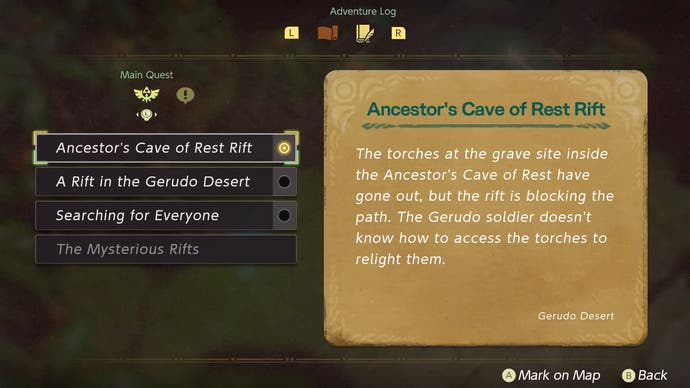 Zrzut ekranu zwiastuna The Legend of Zelda: Echoes of Wisdom przedstawiający jej dziennik przygód z zadaniami