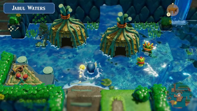 Zrzut ekranu zwiastuna The Legend of Zelda: Echoes of Wisdom przedstawiający wioskę Zora w Jabul Water z instrumentami muzycznymi