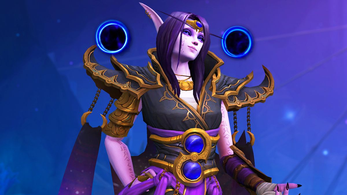 Dodatek World of Warcraft The War Within postać elfa otchłani z uśmiechem na tle w kolorze indygo
