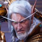 A screencap of the announcement trailer for World of Warcraft: Midnight. A grey-haired elven warrior readies his sword while looking at the viewer. He's wearing golden plated armor. His long eyebrows are slanted as he looks forward with a stoic determination.
