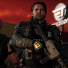 Black Ops 7 characters stand in front of a gas station, backlit be a reddened sky.