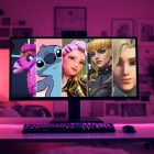 An interior photo of a pink-lit bedroom or gaming setup features a computer monitor displaying a collage of five female animated or video game characters. From left to right, the characters are: a pink donkey pinata from Fortnite, Stitch from Disney's Lilo & Stitch, Jinu from KPop Demon Hunters, Magik from Marvel Rivals, and Luna Snow, also from Marvel Rivals