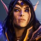 A screencap of the World of Warcraft: Midnight cinematic trailer. An elf with long dark hair and purple eyes faces a bright light in the distance. Two dark blue orbs hover over her plated shoulder pads.