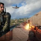 Split-screen image showing a Black Ops 7 soldier in tactical gear alongside first-person shooter gameplay