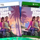 GTA 6: Zbliżające się zamówienia w przedsprzedaży ekscytują niecierpliwą społeczność. Two video game covers for Grand Theft Auto VI (GTA 6) are displayed side-by-side. The cover on the left is for PlayStation 5 (PS5). The cover on the right is for Xbox Series X. Both covers show the same artwork: two characters, a man and a woman, sitting on the hood of a car with a sunset, palm trees, and a cityscape in the background. The game's logo, "Grand Theft Auto VI", is prominently displayed on both covers. Both also include "Coming 2025". The background is the beach and skyline of Vice City.
