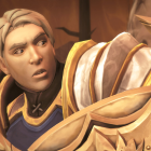 A younger Turalyon, from World of Warcraft: Midnight, looks surprised at something off-screen during a vicious battle.