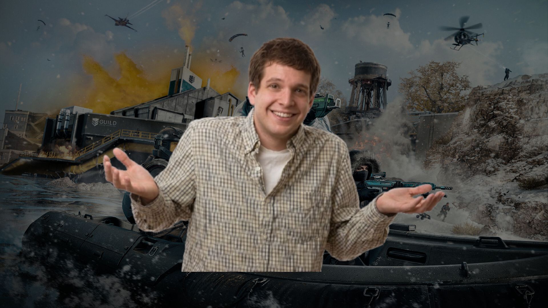 An image of Call of Duty: Warzone overlaid with a person shrugging