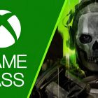 An Xbox logo with 'Game Pass' text is next to a character wearing a skull mask and headset from the game Call of Duty.