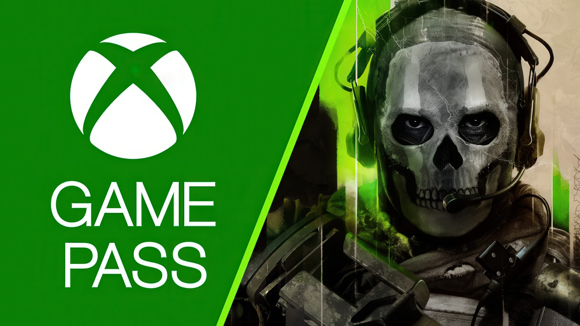 An Xbox logo with 'Game Pass' text is next to a character wearing a skull mask and headset from the game Call of Duty.