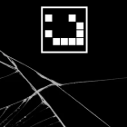 A pixel smiley face sits against a shattered black screen background
