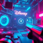 A visually striking 3D illustration depicting the user interface of a Disney-themed extraction shooter game, with glowing neon-lit tech elements and a sense of high-tech, cyberpunk-inspired aesthetics.