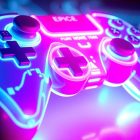 A highly detailed, glowing 3D macro illustration of a futuristic game controller or other gaming hardware, illuminated by vibrant neon lights, conceptually representing the technological innovation and digital infrastructure powering Epic Games