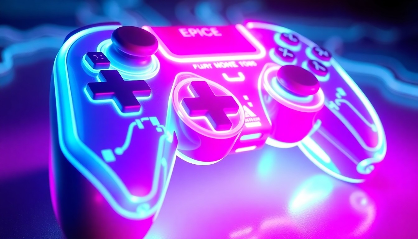 A highly detailed, glowing 3D macro illustration of a futuristic game controller or other gaming hardware, illuminated by vibrant neon lights, conceptually representing the technological innovation and digital infrastructure powering Epic Games