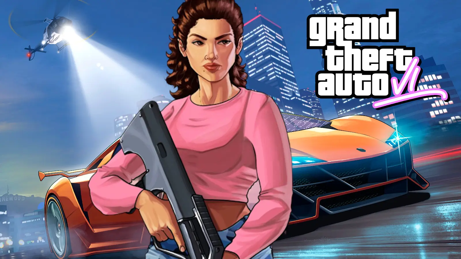 An animated character holds a rifle with a city skyline and a car in the background.