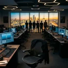 GTA 6: Twórcy Rockstar ogłaszają związek, historyczny punkt zwrotny. Empty game development office with developer silhouettes standing together in solidarity at sunset