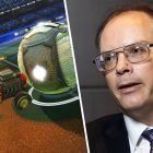 Side by side of Rocket League gameplay and Tim Sweeney, Epic CEO, wearing a suit and tie.