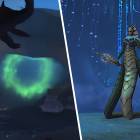 Left: An underwater lair entrance. Right: The resident of that lair, a three-tailed naga.
