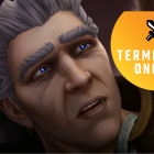 Khadgar from World of Warcraft looks, aged and wounded, up at his savior.