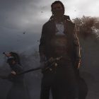 Hunger screenshot showing two characters standing under overcast skies, with melee weapons drawn